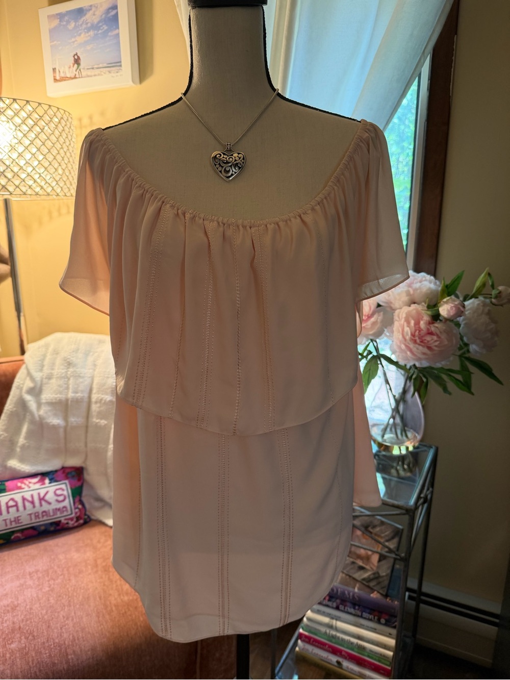White House Black Market Light Pink Off-Shoulder Blouse